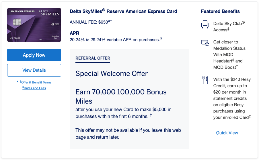 Delta SkyMiles Reserve 100k bonus referral offer. 